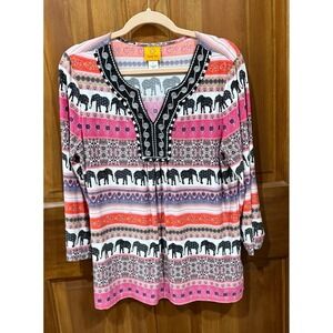 Ruby Rd Elephant Print V Neck Tunic Top Women Size L Multicolor Tribal Boho